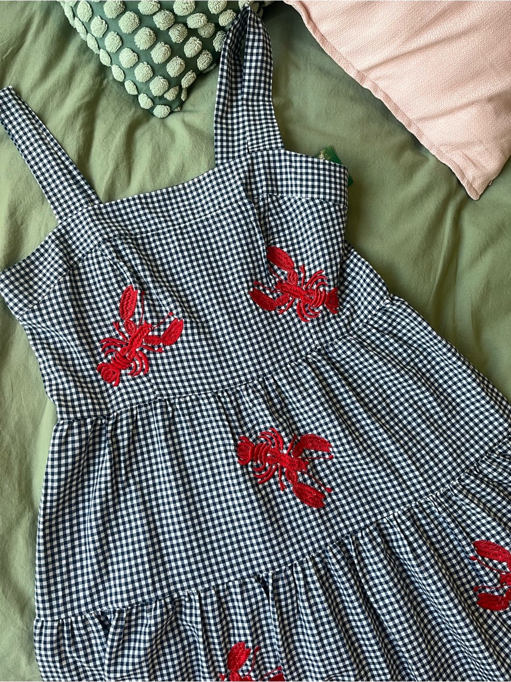 Gingham Tiered Maxi Dress with Lobster 🦞 Red Embroidery